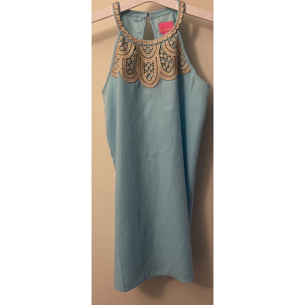 LILLY PULITZER Girls 14 Solid BALI BLUE MINI PEARL SHIFT DRESS Gold Lace EASTER